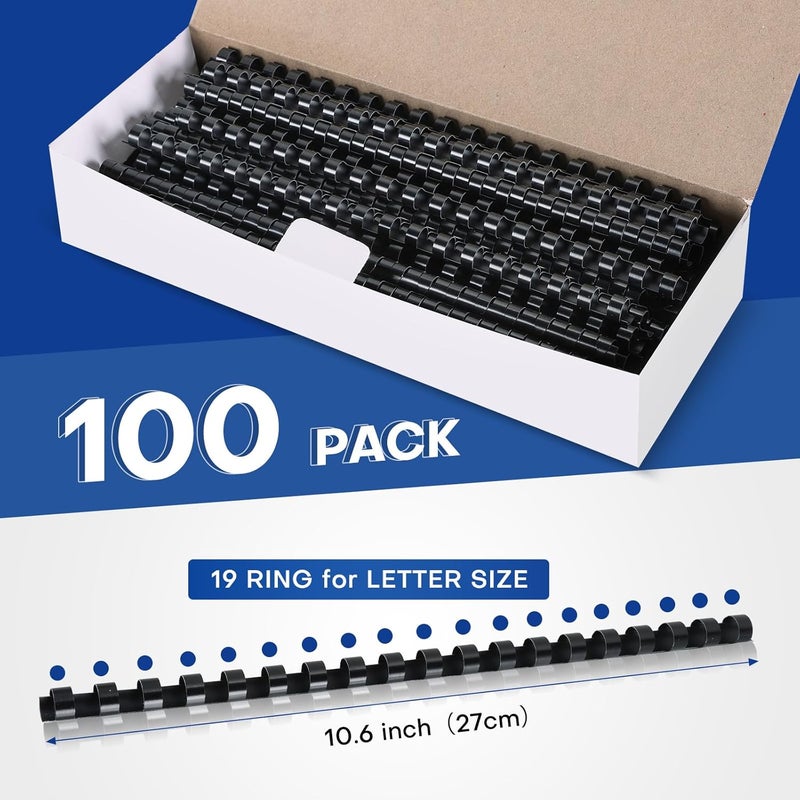 MYFULLY 100 Pack 19 Ring Plastic Comb Binding Spines | 1/4 Inch Diameter, 20 Sheet Capacity, Letter Size, Black Binding Comb (1/4" (20 Sheet Capacity)) - Image 3